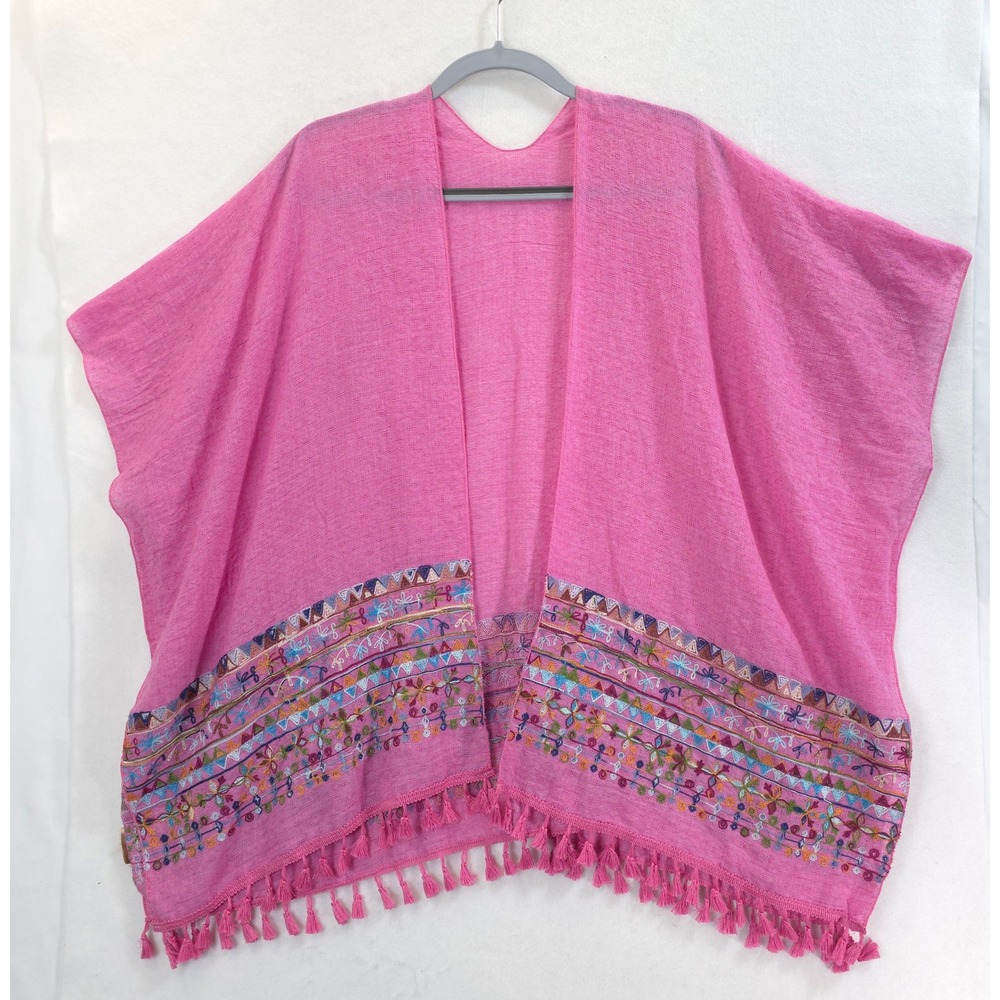 Tassel Pink Kimono Multicolor Embroidered Women OS Boho Coverup Beachwear